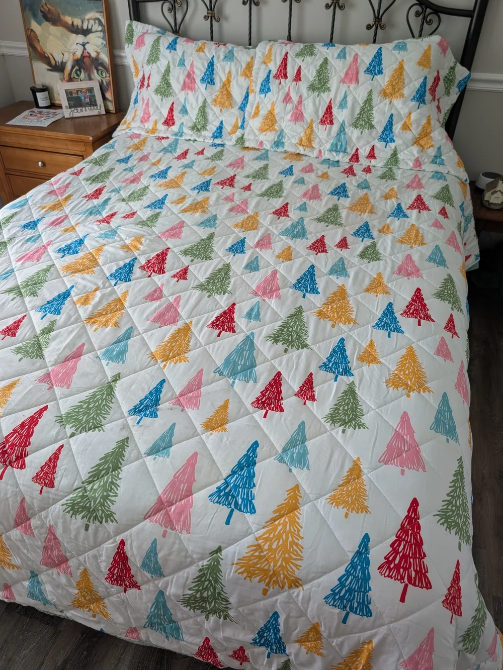 White Quilted Comforter with Multi-Color Tree Print
